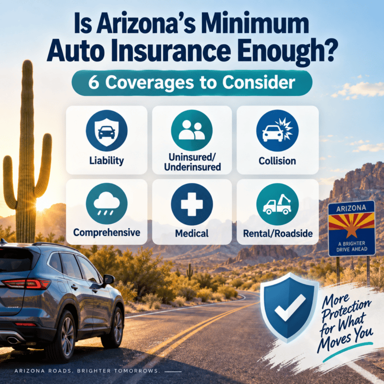 Arizona auto insurance infographic showing 6 coverages to consider beyond minimum coverage requirements.