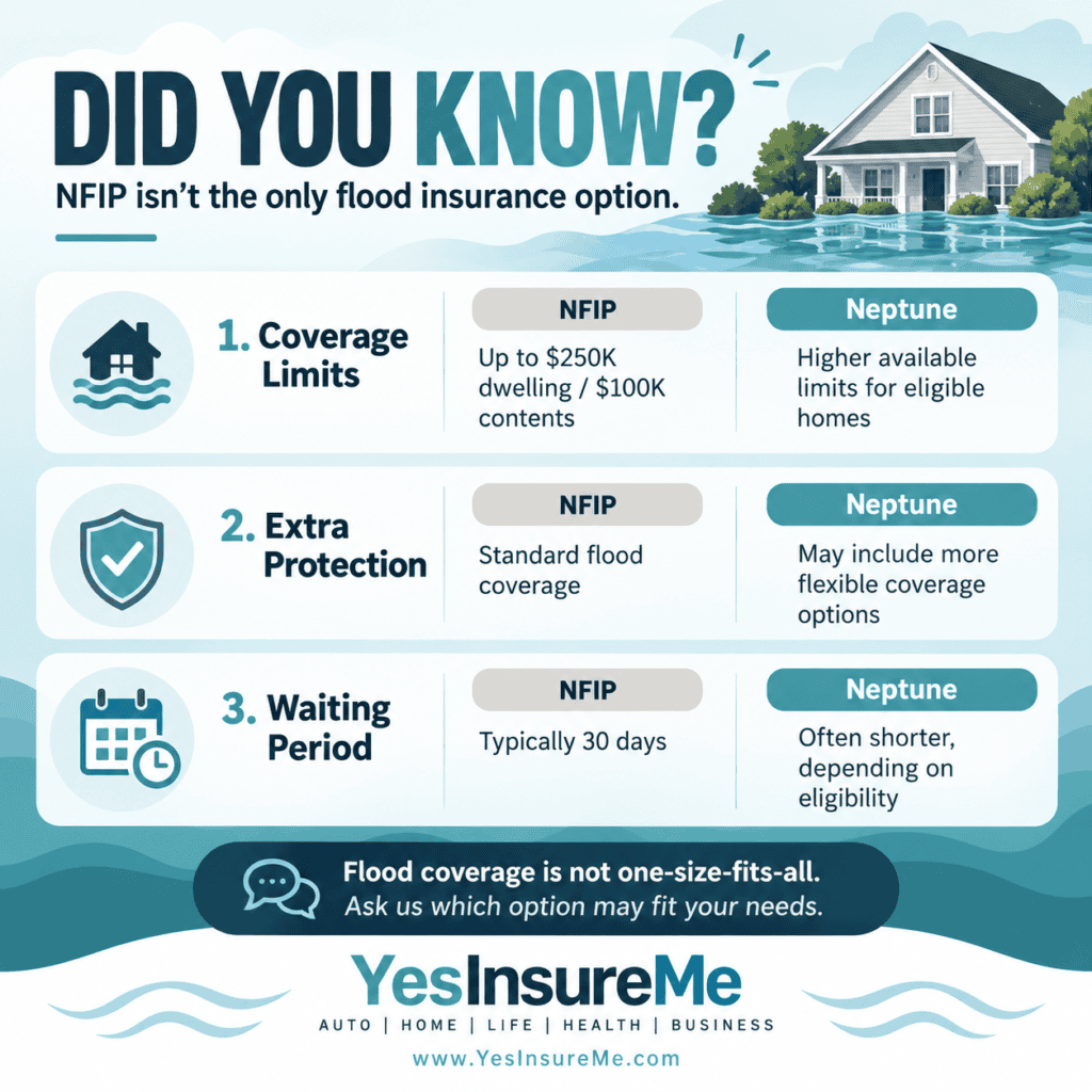 NFIP vs. Neptune Flood Insurance comparison showing coverage limits, additional protection, and waiting periods.